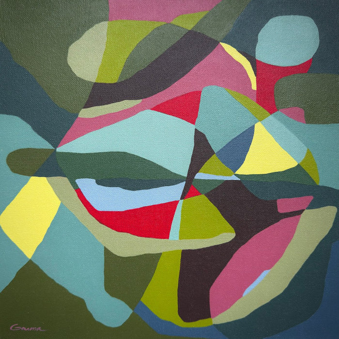 Forest by Elva Garma - overlapping abstract shapes in moss green and teal with wedges of yellow, pink and red
