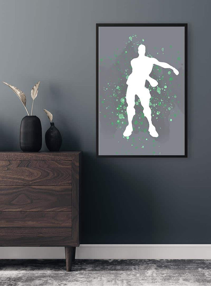 Poster of a Fortnite dance silhouette with green splashes, displayed above a modern wooden dresser.