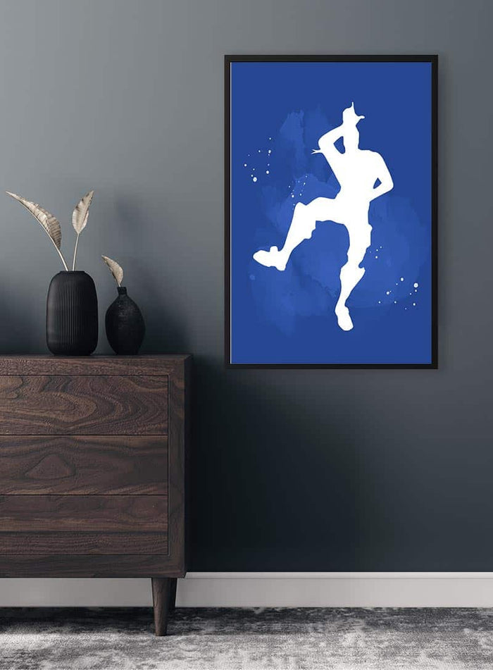 Fortnite Dance No 01 Gamer poster featuring a white dance silhouette on a blue background, framed on a wall.
