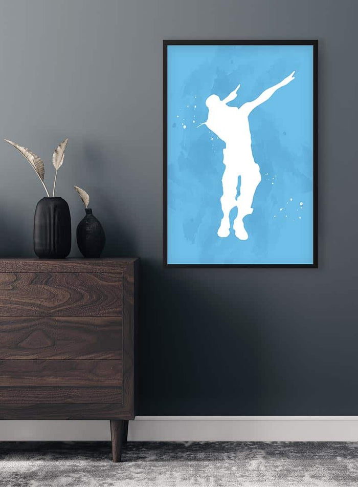 Fortnite Dance No 03 Gamer poster featuring a white silhouette dancing against a blue background, framed on a wall.