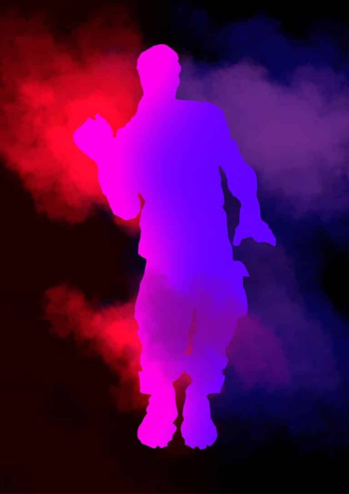 Colorful silhouette of a Fortnite character dancing with pink and blue smoke on the Fortnite Gamer Plakat No 04.