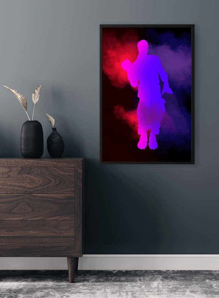 Fortnite Gamer Plakat No 04 featuring a purple and red silhouette of a character with smoky background on wall.