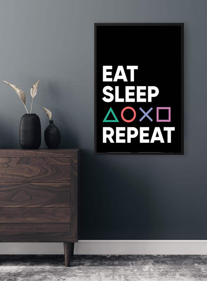 Fortnite Gamer Plakat on wall with "Eat Sleep Repeat" and gaming symbols above a wooden dresser.