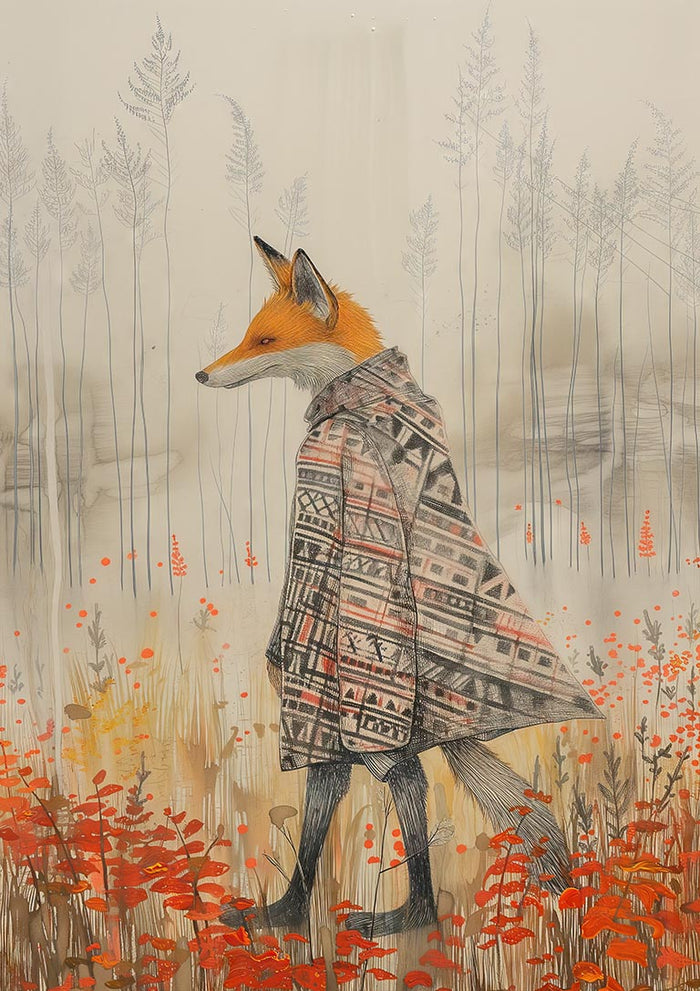 Illustration of a fox wearing a patterned poncho, walking through a field with red flowers and tall grass.
