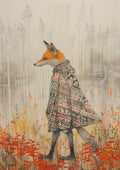 Illustration of a fox wearing a patterned poncho, walking through a field with red flowers and tall grass.