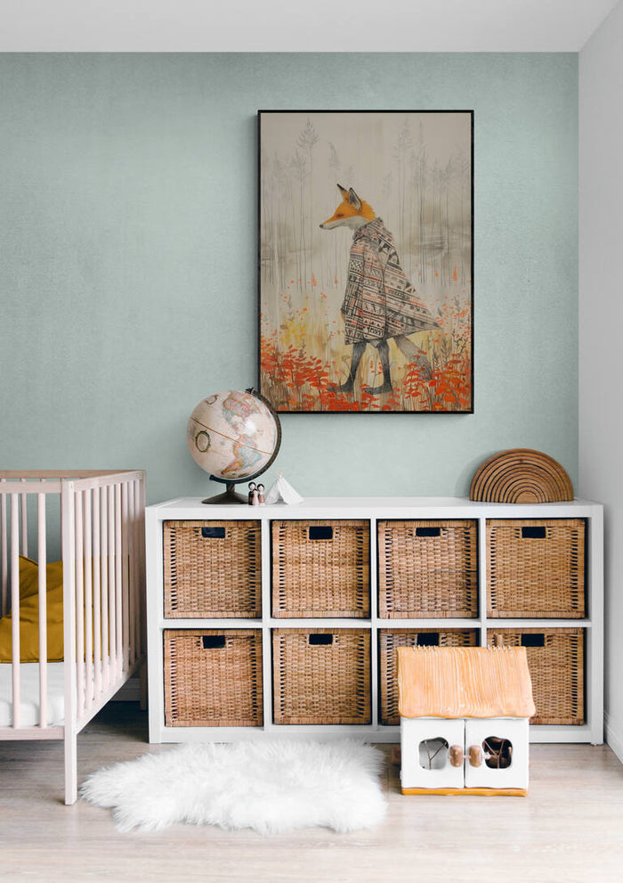 Framed "Fox In a Poncho" artwork displayed above woven storage baskets in a children's room.