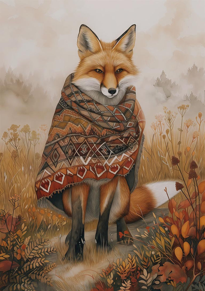 Illustration of a fox wearing a patterned shawl, sitting in an autumn field; Fox Out The Box product image.
