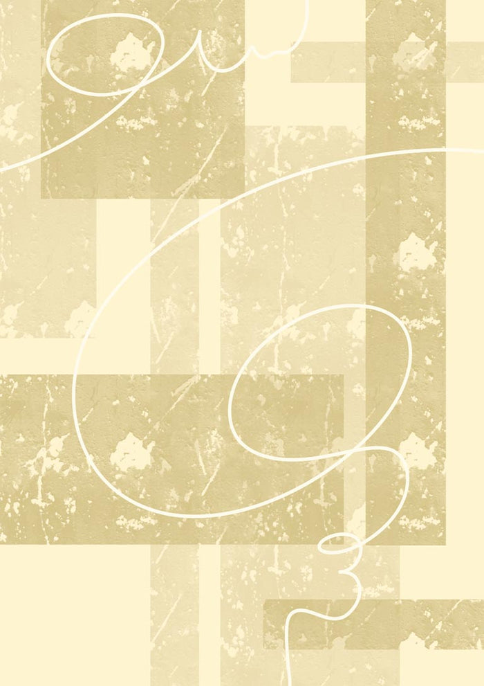 Abstract beige artwork titled "Fragment Path I - Yuli" with geometric shapes and white swirling lines.