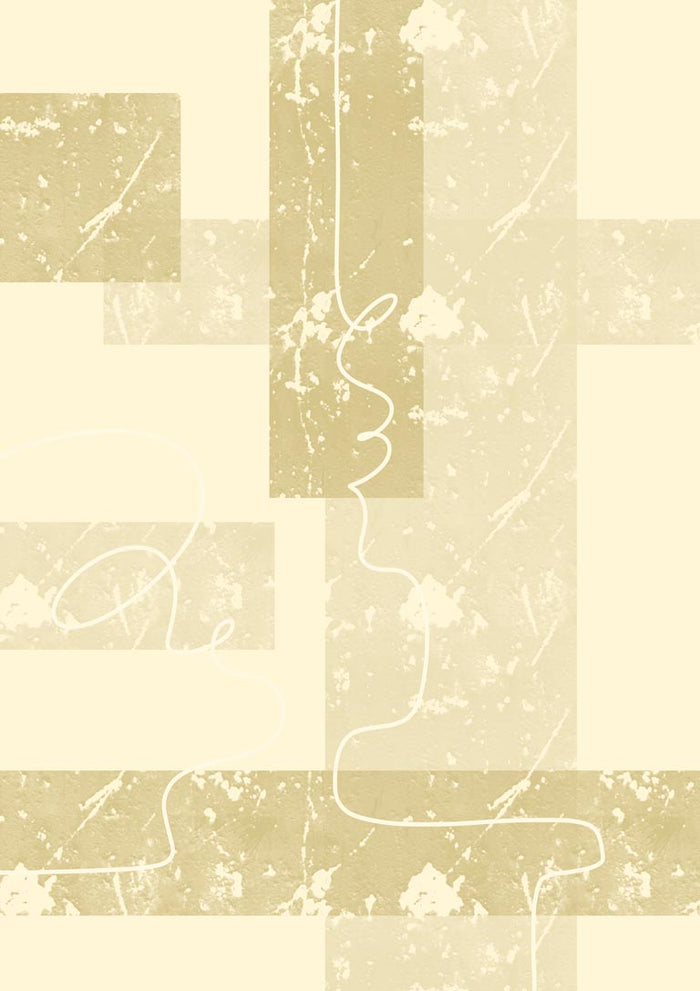 Abstract beige and cream geometric artwork with textured rectangles and thin white lines, titled Fragment Path II - Yuli.