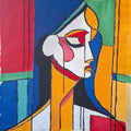 Fragmented by Naïve Art by YLR - a cubist profile face against blocks of cobalt, red and yellow