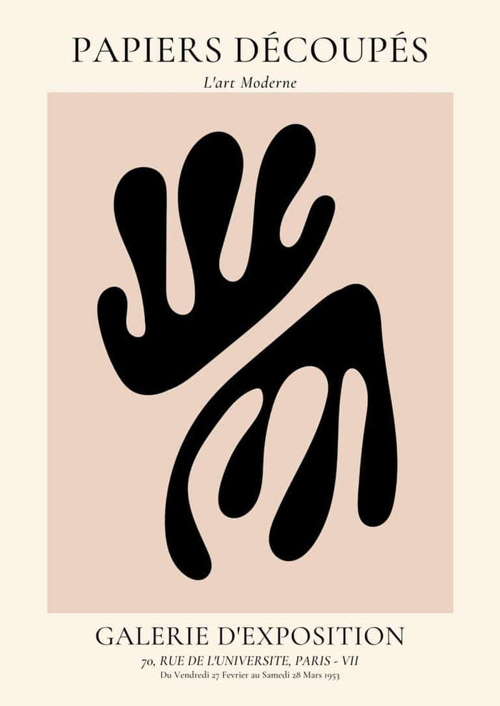 Abstract black coral on pink French art poster with bold shapes, vintage gallery text, modern minimalist design.