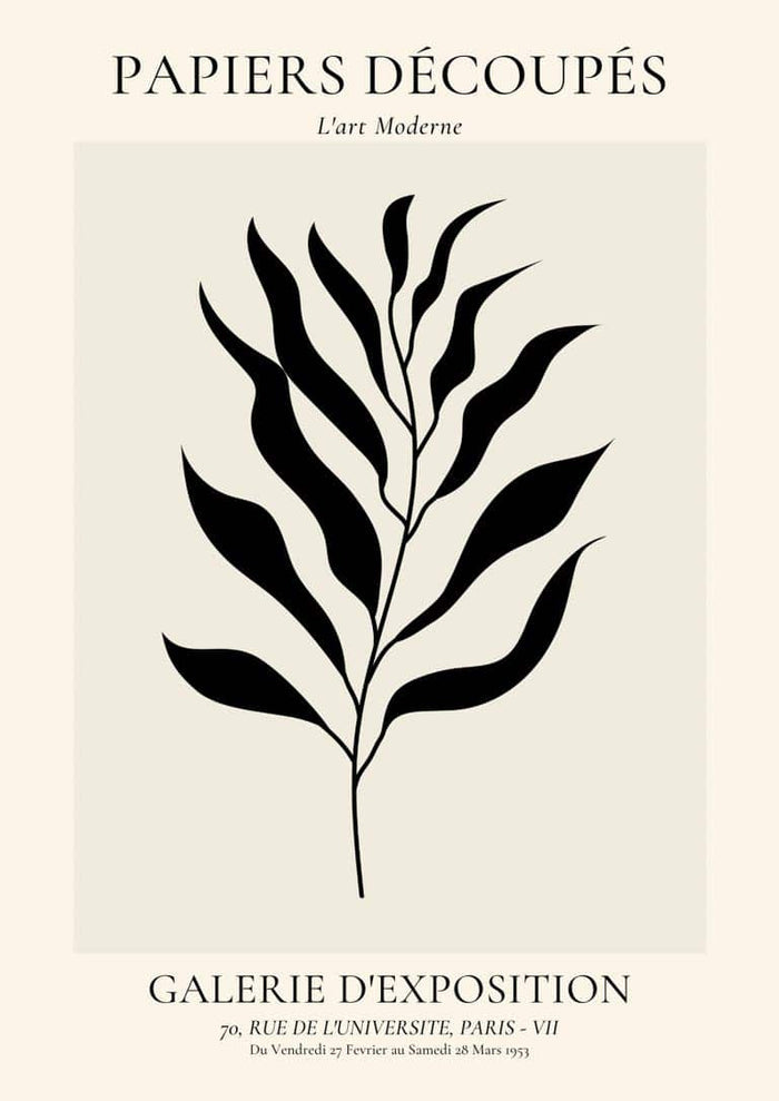 Minimalist black leaf illustration on cream background with French art-inspired text, perfect for modern wall decor.
