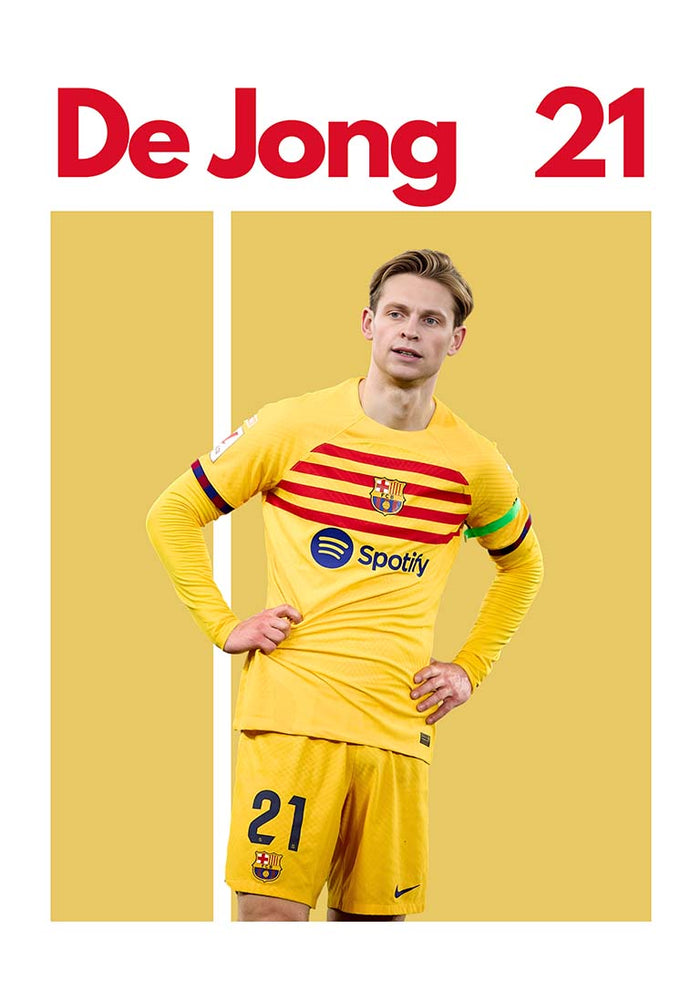 Frenkie de Jong in yellow Barcelona kit with number 21, standing on a graphic football poster.