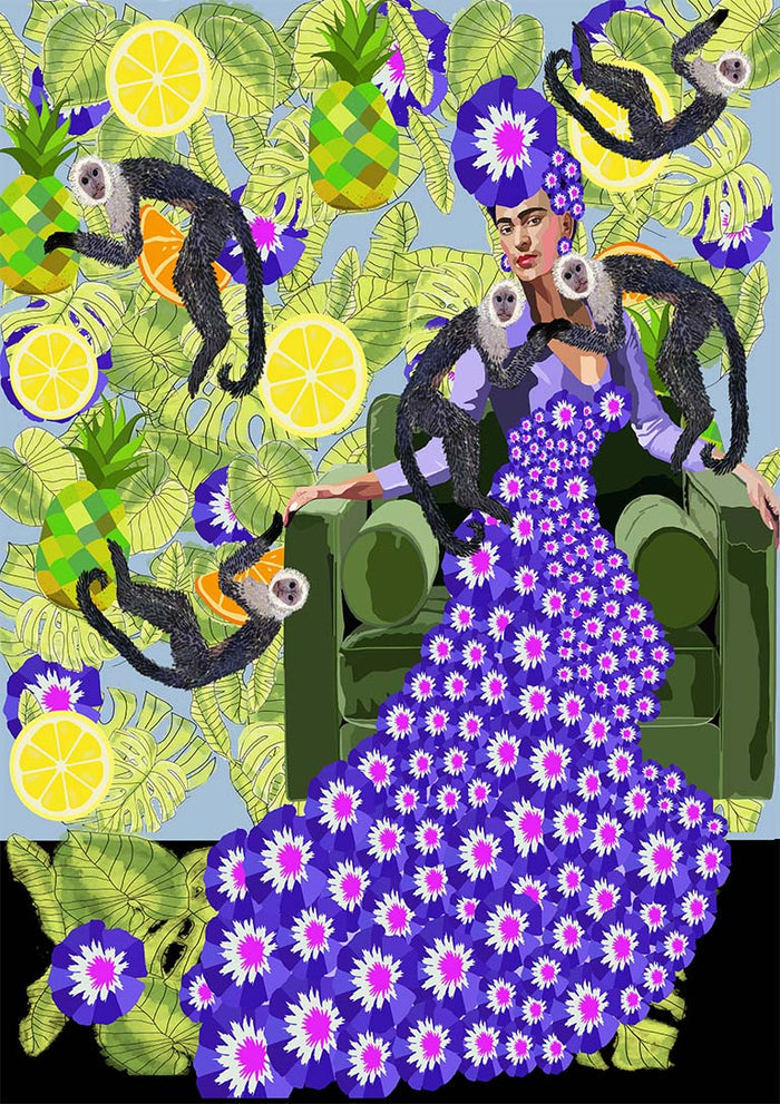 Woman in a purple flower dress sits on a green chair, surrounded by monkeys and tropical fruit illustrations.