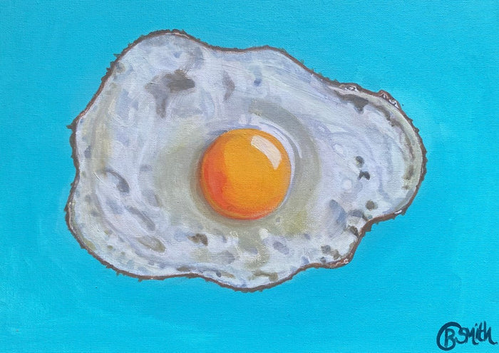 Fried Egg on Blue by Art By Biba - one fried egg with an orange yolk on a flat turquoise ground