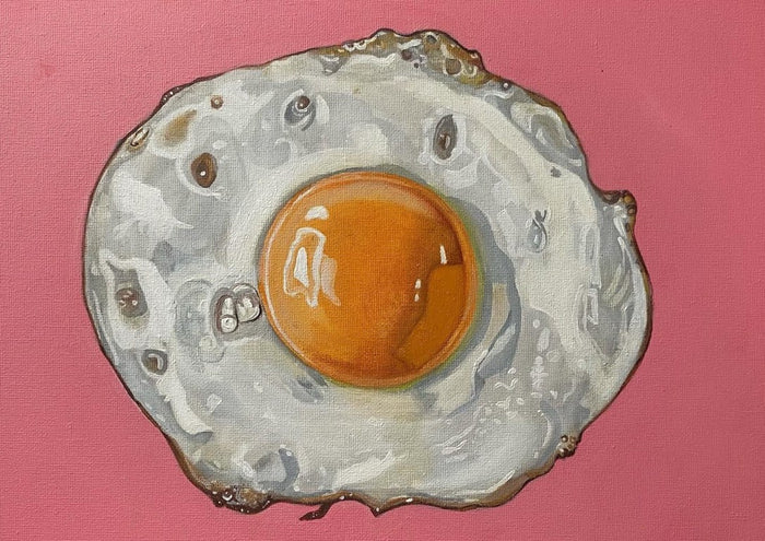 Fried Egg on Pink by Art By Biba - one fried egg with a domed orange yolk on flat rose pink