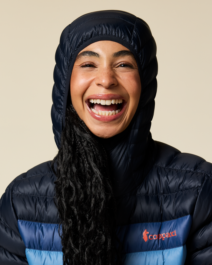 Fuego Down Hooded Jacket - Women's, Carbon Stripes, Model Kalu