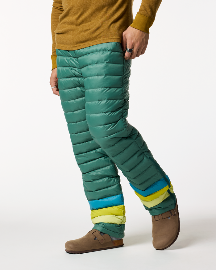 Fuego Down Pant - Men's, Juniper Stripes, Model Luke