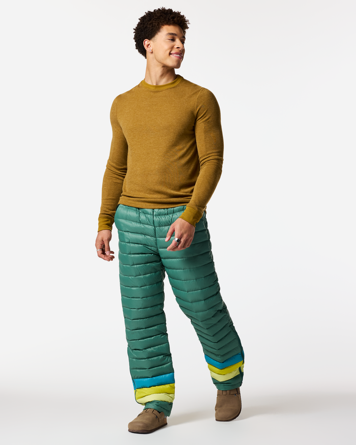 Fuego Down Pant - Men's, Juniper Stripes, Model Luke