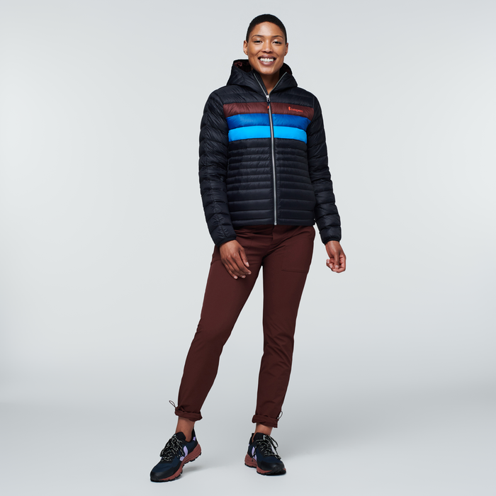 Fuego Down Hooded Jacket - Women's, Black/Chestnut Stripes, Model Callie
