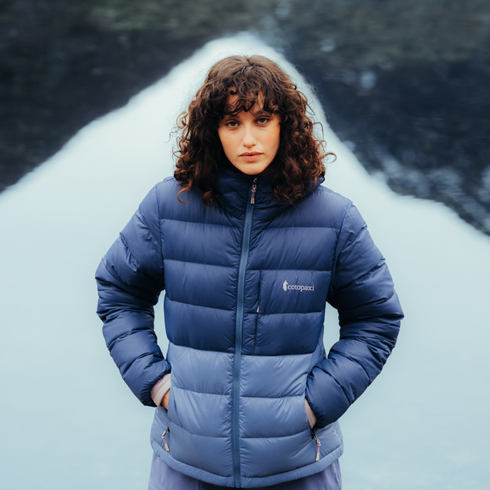 Fuego Max Down Hooded Jacket - Women's, Dusk/Blue Smoke, Model Avery