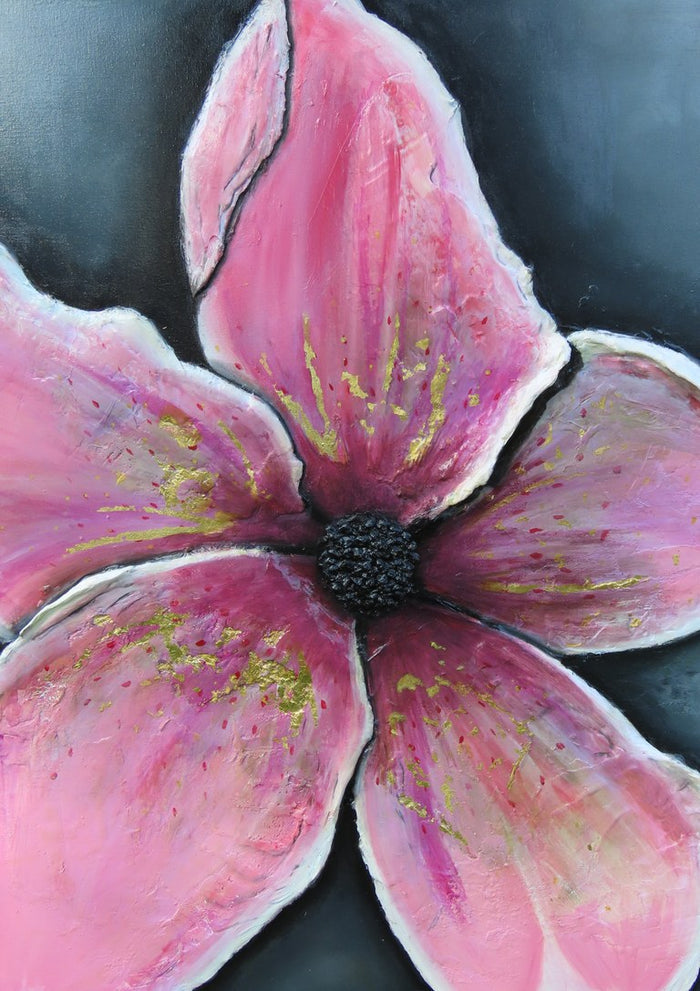 Full Bloom by KG Studio - one magenta and white flower flecked with gold leaf on a charcoal ground