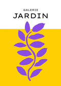 Poster with a purple leafy branch on yellow background, "Galerie Jardin" text at top.