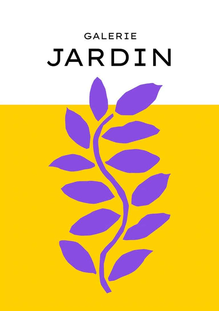 Poster with a purple leafy branch on yellow background, "Galerie Jardin" text at top.