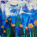 Garden by Maria-Tia - dark stems with orange and pink blooms against bright blue and white