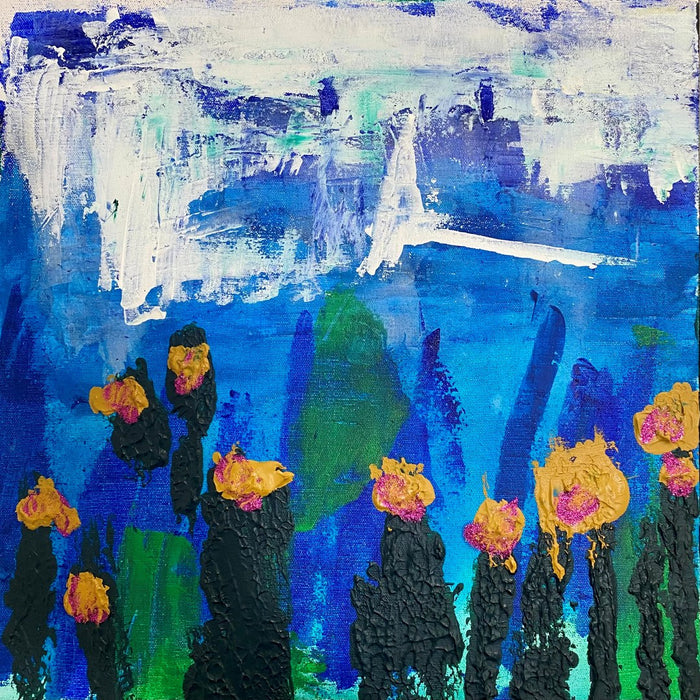 Garden by Maria-Tia - dark stems with orange and pink blooms against bright blue and white