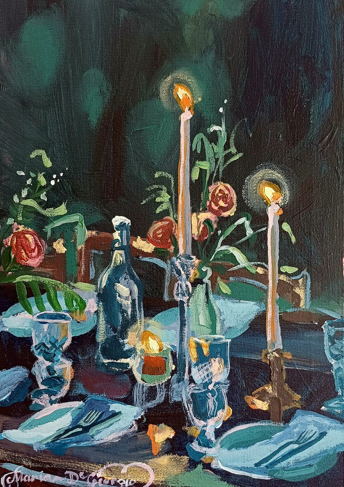 Garden Banquet by Mariam De Giorgio - two candles over crystal, roses and pale blue plates in a dark garden