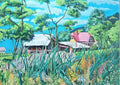 Garden in June by Cristina Iacob - tall leaves and flower spikes in front of barns and a pink-roofed house