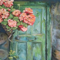 Geranium Door by Cristina Iacob - coral and pink geraniums beside a worn green and turquoise panelled door