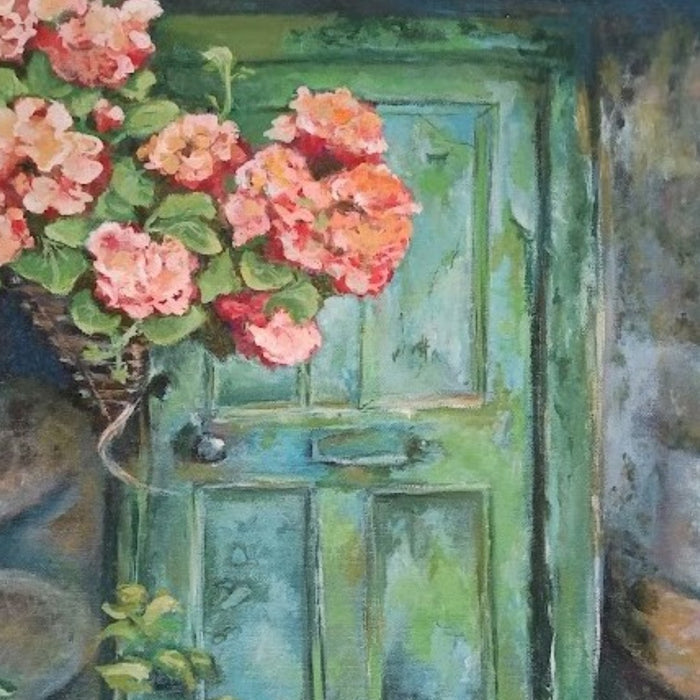Geranium Door by Cristina Iacob - coral and pink geraniums beside a worn green and turquoise panelled door