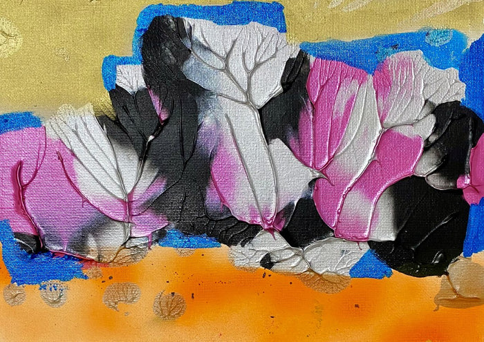 Gheisha Tree by Maria-Tia - pink, black and silver leaves with raised veins on orange and gold