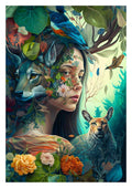 Surreal portrait of a girl blended with forest animals, flowers, and leaves for Girl of The Forest by Thomas Nordentoft.
