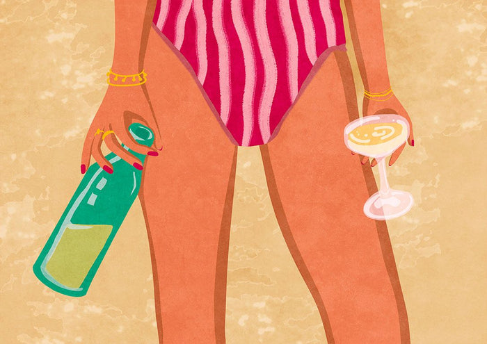 Illustration of a woman in a striped swimsuit holding wine and a glass at the beach, by Raissa Oltmanns.