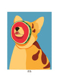 Go All The Way by Jakob Falkenberg - a dog with a watermelon slice pressed over its face on blue-grey
