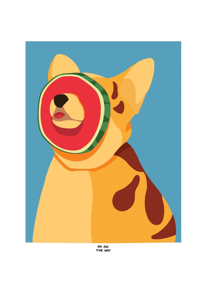 Go All The Way by Jakob Falkenberg - a dog with a watermelon slice pressed over its face on blue-grey