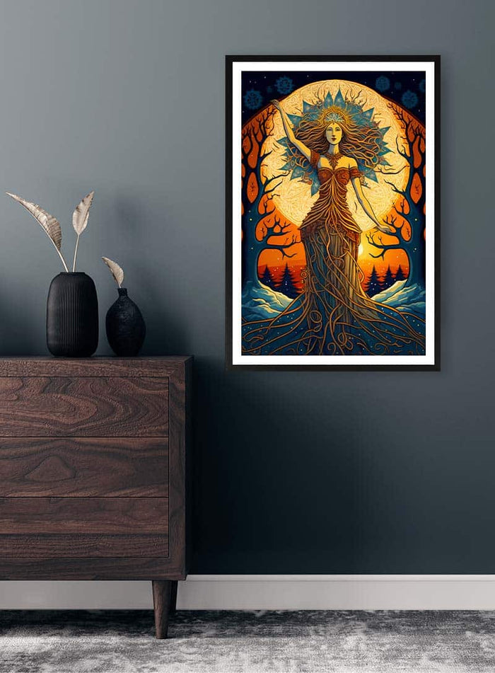 Framed "Goddess of Nature" by Thomas Nordentoft hanging on a dark wall above a wooden dresser.
