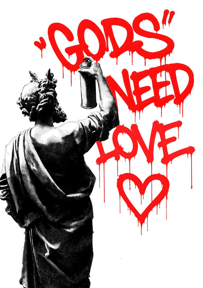 Gods need love by Dikhotomy - a classical statue spraying GODS NEED LOVE and a heart in dripping red on a white wall