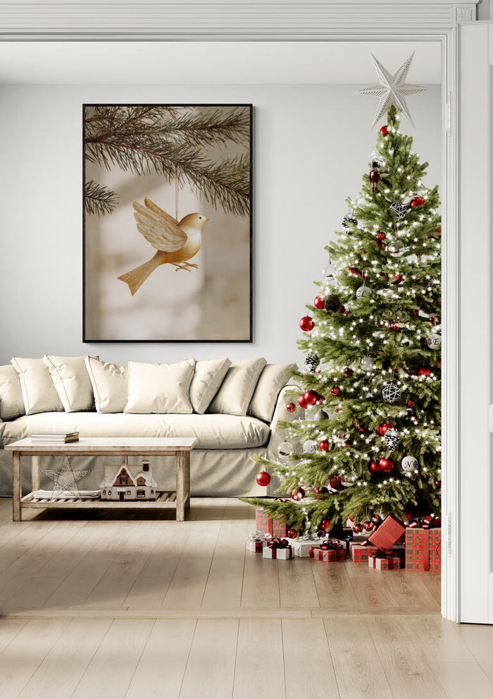 Golden Bird wall art displayed in a cozy living room with a decorated Christmas tree and wrapped gifts.