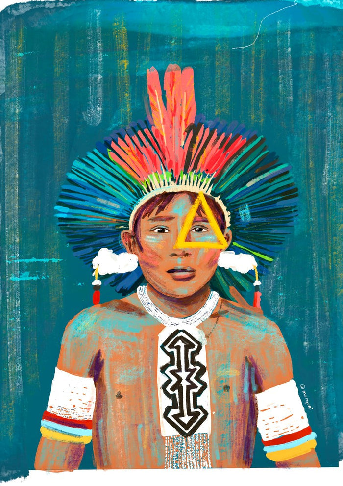 Golden Gaze by Monyuri - portrait of a young Indigenous boy in a colourful feather headdress on teal