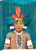 Golden Gaze by Monyuri - portrait of a young Indigenous boy in a colourful feather headdress on teal
