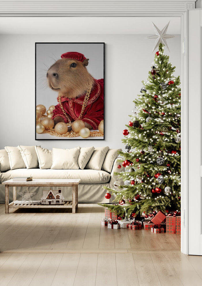 Framed Golden Kabybara portrait in red robe above a beige sofa, beside a decorated Christmas tree.