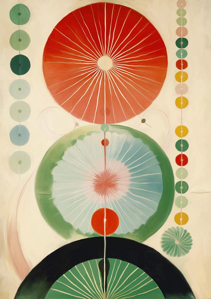 Abstract poster with red, green and deep forest-green circular forms on a warm ivory ground, framed by columns of small coloured dots.