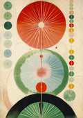 Abstract poster with red, green and deep forest-green circular forms on a warm ivory ground, framed by columns of small coloured dots.