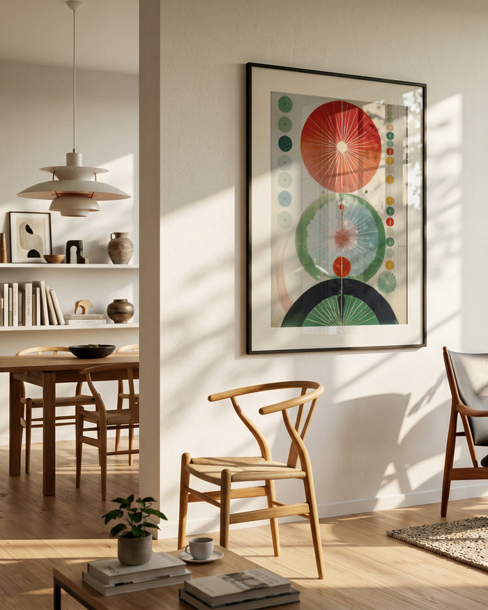 Green Hilma No. 2 poster in a black frame on a white wall above a wishbone chair in a Scandinavian living room.