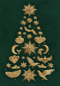 Gold star, bird, moon, and heart ornaments arranged in a tree shape on a dark green background.