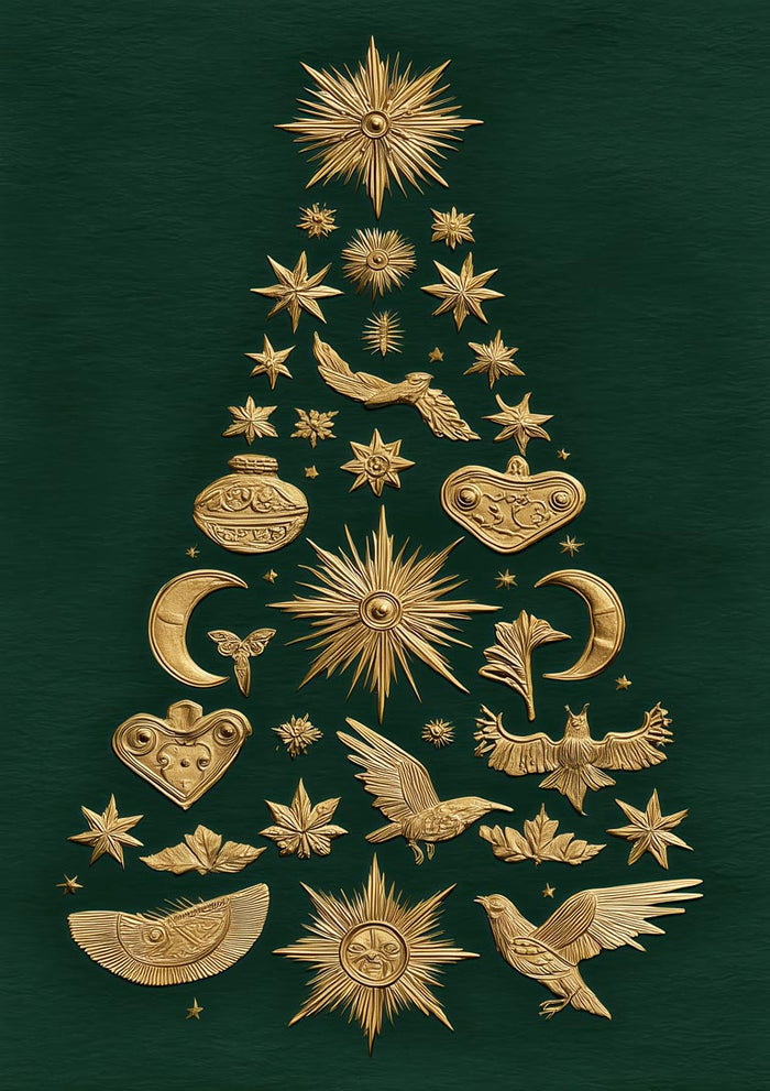 Gold star, bird, moon, and heart ornaments arranged in a tree shape on a dark green background.
